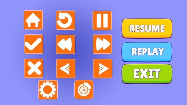 Cartoon mobile game user interface kit elements Casual game interface menu buttons UI