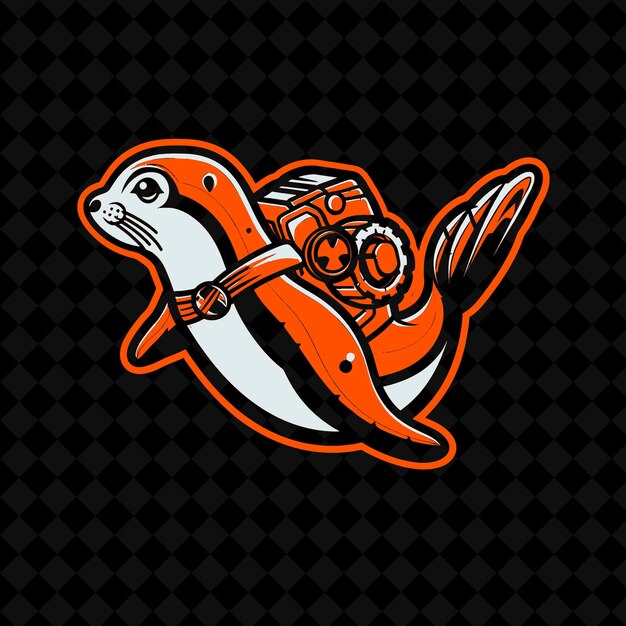 PSD a cartoon orange and black fish with a red whale on the front