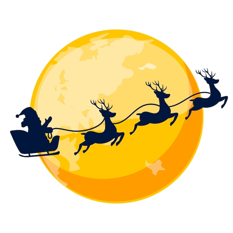 PSD cartoon oranje nachtmaan met het silhouet van de kerstman in de slee op kerstdag