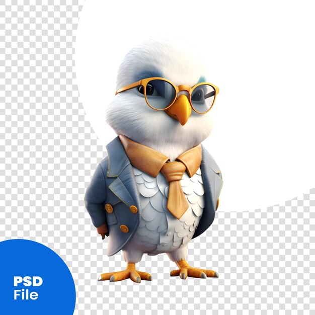 PSD Мультфильм сова с очками на белом фоне 3d иллюстрация psd шаблон