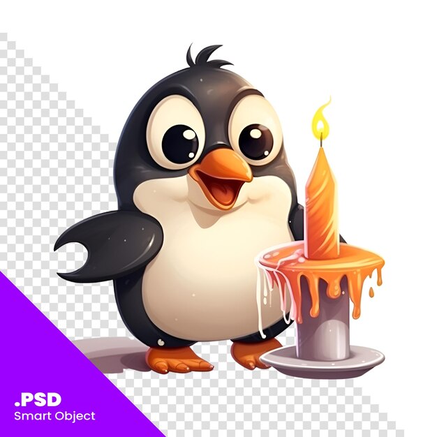 PSD pinguino cartone animato con candela su sfondo bianco illustrazione per bambini modello psd