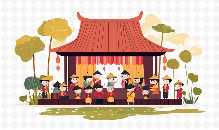 PSD a cartoon of people in front of a temple with a red roof