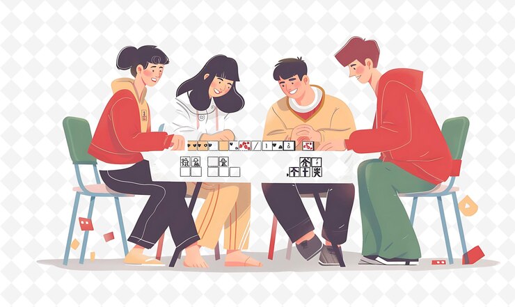 PSD a cartoon of people playing a game with one of them playing cards