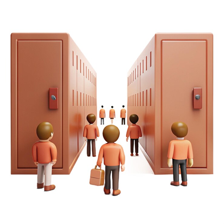 PSD a cartoon of people standing in front of a door with a man standing in front of it