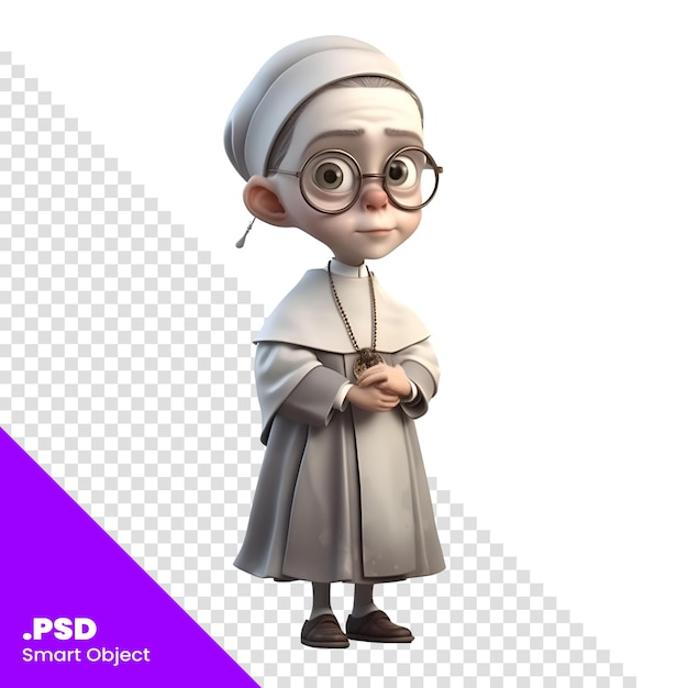 PSD cartoon personage van non met bril en witte jurk staande psd sjabloon