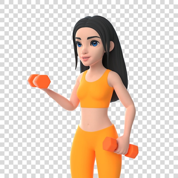 Cartoon personage vrouw in sportkleding met halter geïsoleerd op witte achtergrond 3D-rendering