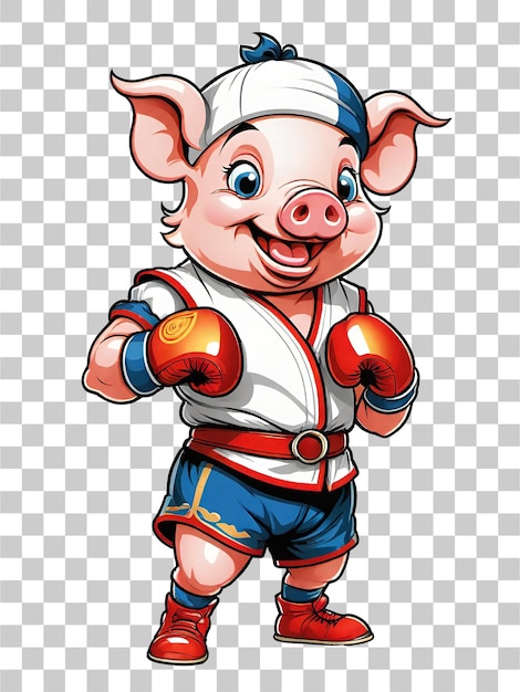 cartoon pig in boxing gloves illustration on transparent background