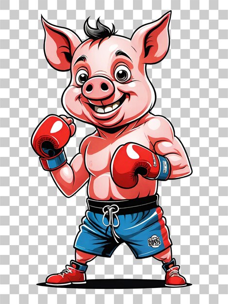 cartoon pig in boxing gloves illustration on transparent background