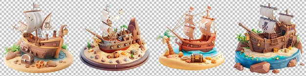 Cartoon pirate ships on island isolated on transparent background