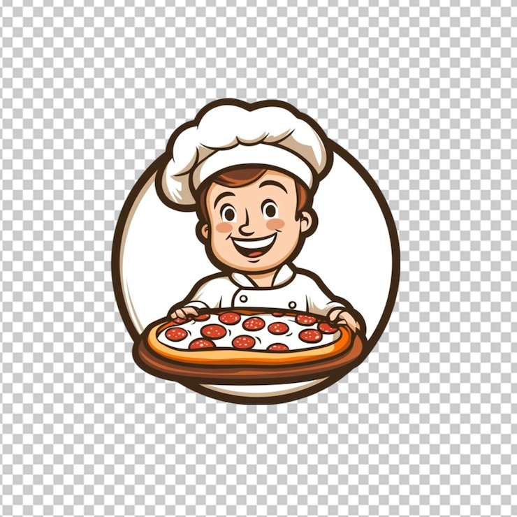 PSD cartoon pizza logo van een bediende chef op een doorzichtige achtergrond