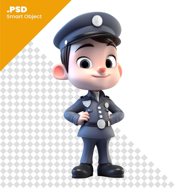 PSD poliziotto dei cartoni animati in piedi con le braccia incrociate e guardando il modello psd della fotocamera
