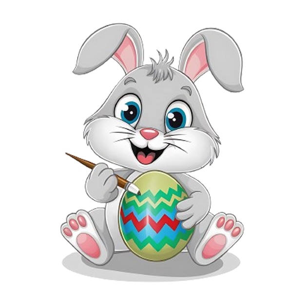 a cartoon rabbit holding a painted egg with a green and blue egg in the middle