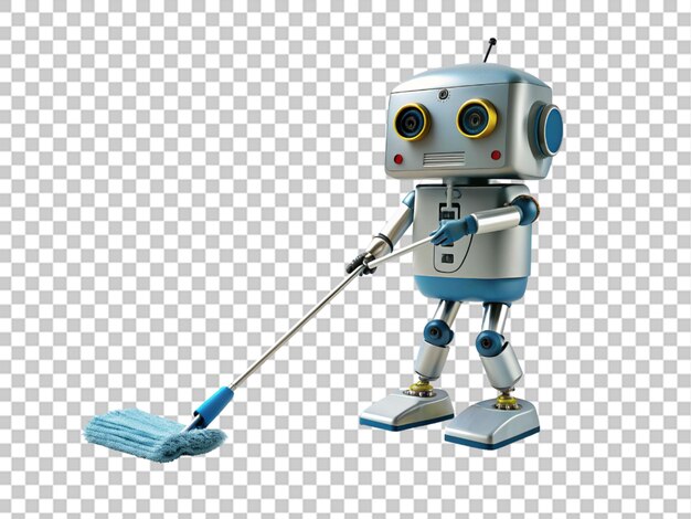 PSD cartoon robot mops floors with a mop on white transparent