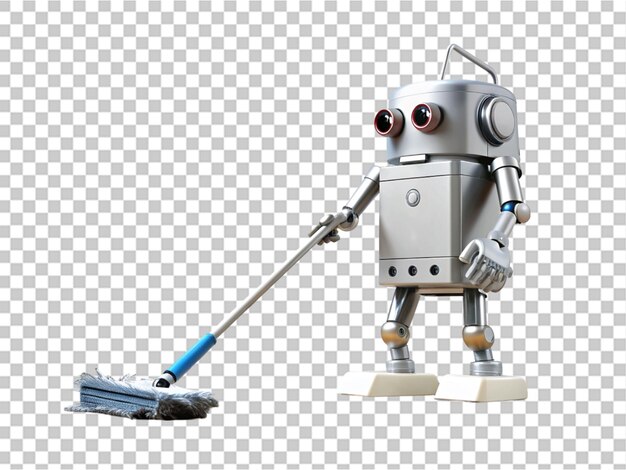 PSD cartoon robot mops floors with a mop on white transparent