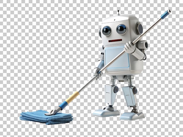 PSD cartoon robot mops floors with a mop on white transparent