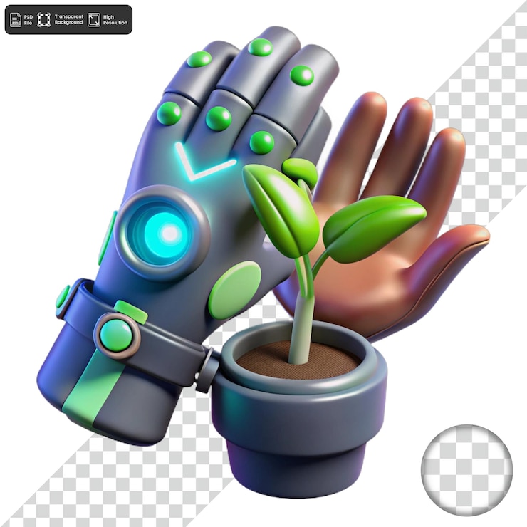 PSD a cartoon of a robot with a plant in it and a pot with a plant in it