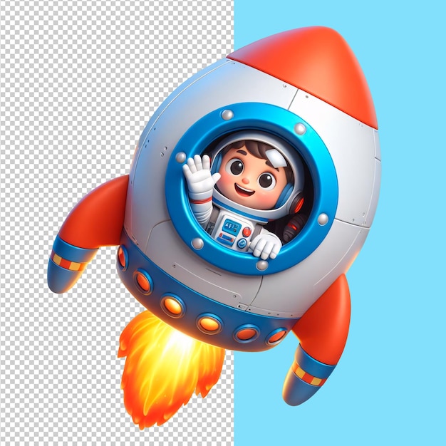 PSD Мультфильм ракета 3d с милым астронавтом на прозрачном фоне