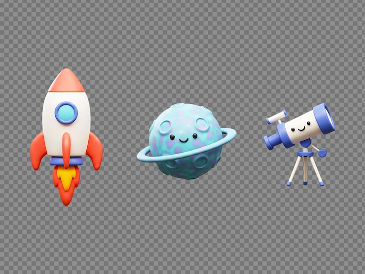 PSD cartoon rocket planet and telescope on a transparent background in illustration