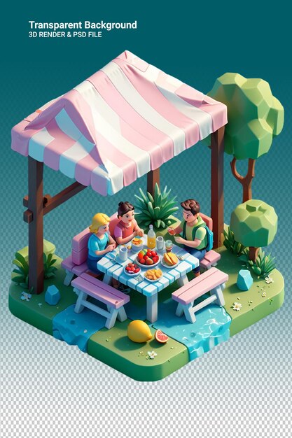 A cartoon scene of a family having a picnic under a canopy