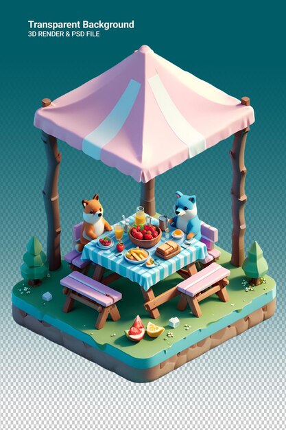 PSD a cartoon scene of a table with two animals and a tent with a tablecloth