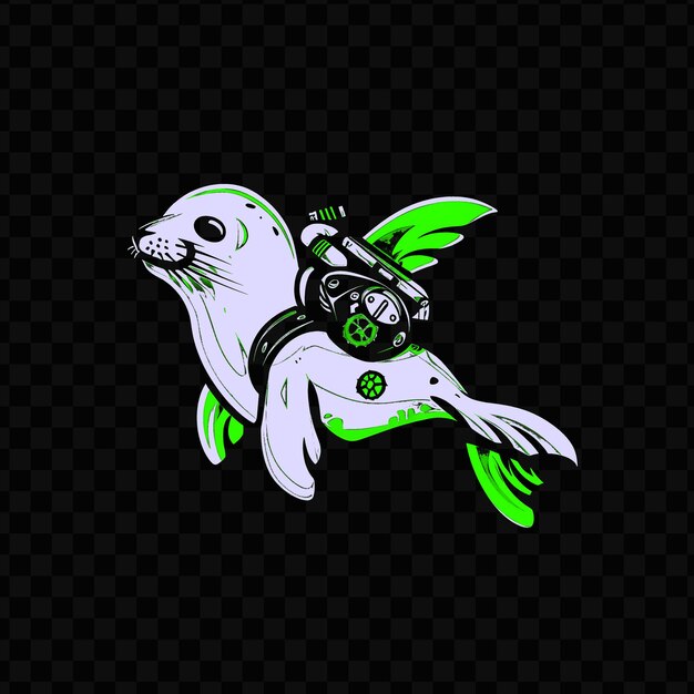 A cartoon of a seal with a green flower on its back