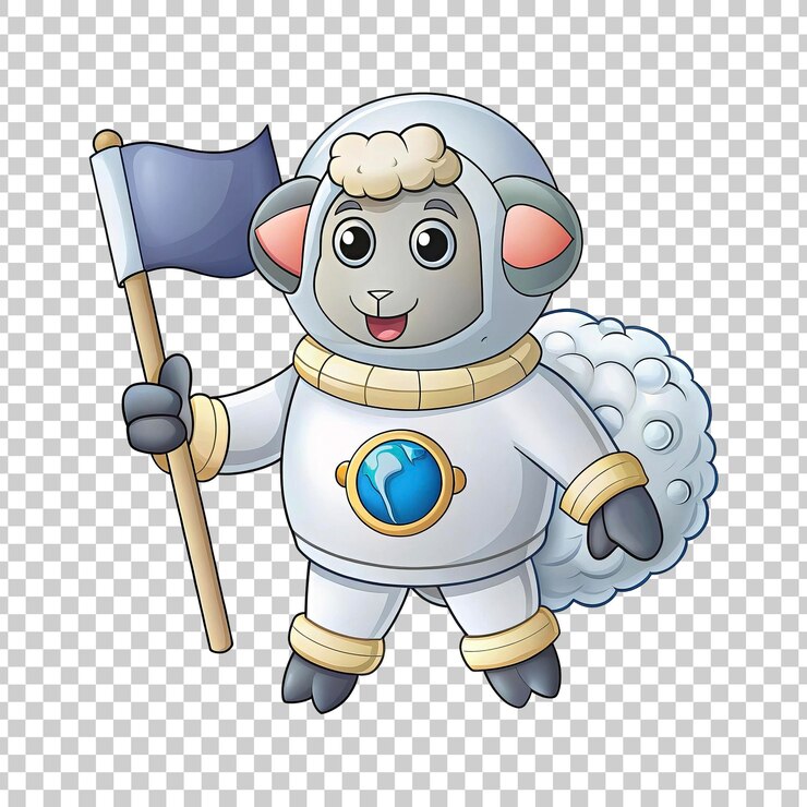 PSD cartoon sheep astronaut holding a flag on transparent background