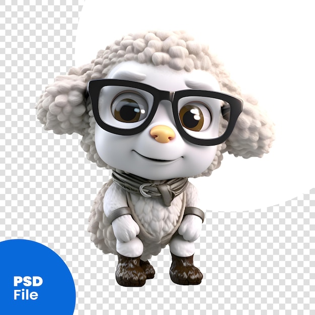 PSD pecore del fumetto con gli occhiali su fondo bianco; modello psd di rendering 3d