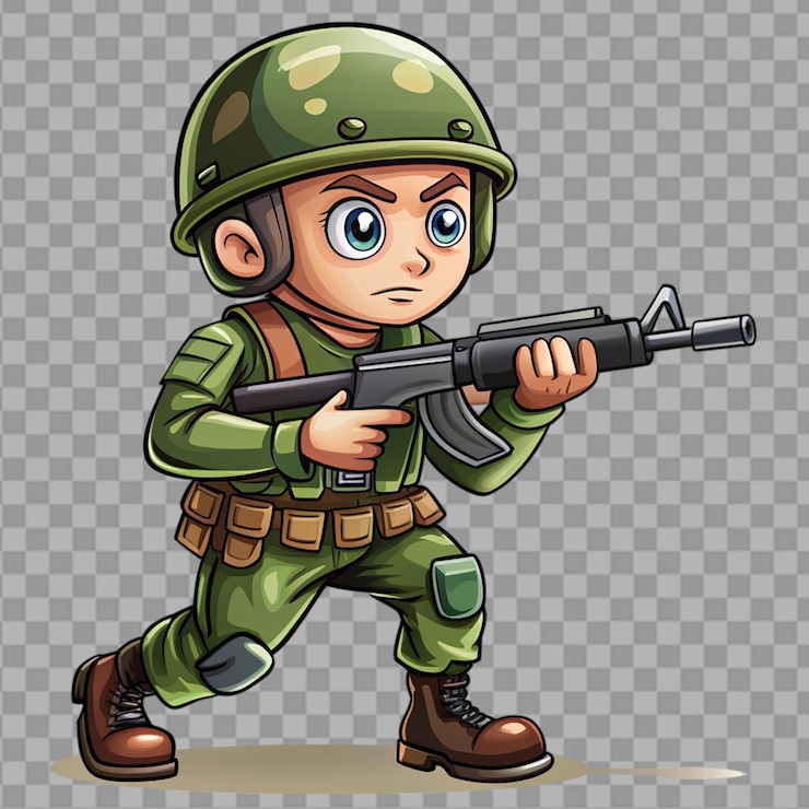 PSD cartoon soldier with combat war isolated on transparent background