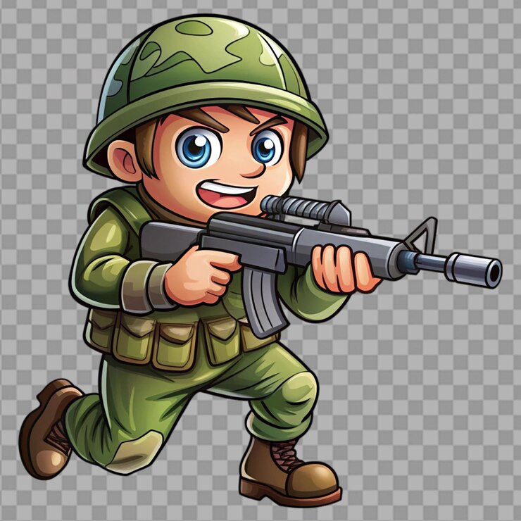 PSD cartoon soldier with combat war isolated on transparent background