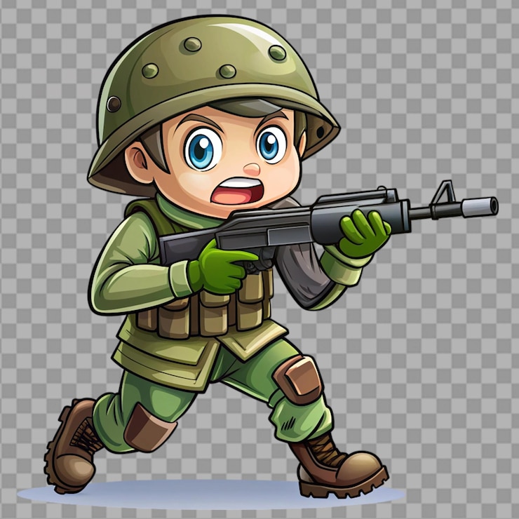 PSD cartoon soldier with combat war isolated on transparent background
