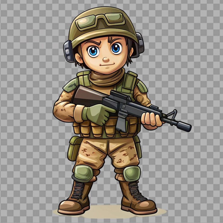 PSD cartoon soldier with combat war isolated on transparent background