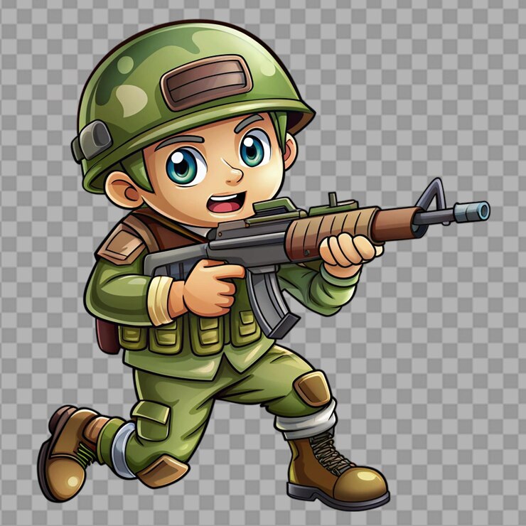 PSD cartoon soldier with combat war isolated on transparent background