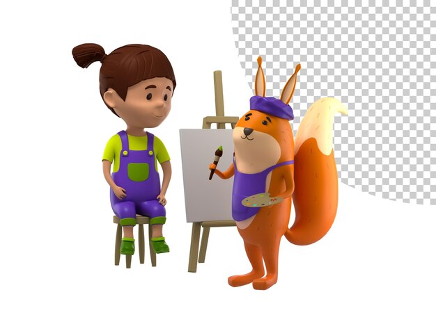 PSD a cartoon squirrel and a girl painting on a canvas 3d render illustration