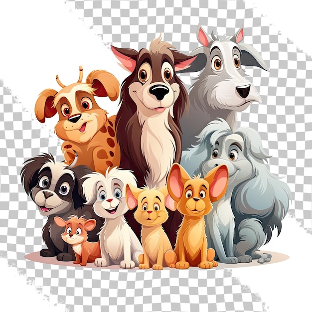 PSD cartoon stijl groep van huisdieren geïsoleerd op transparante achtergrond