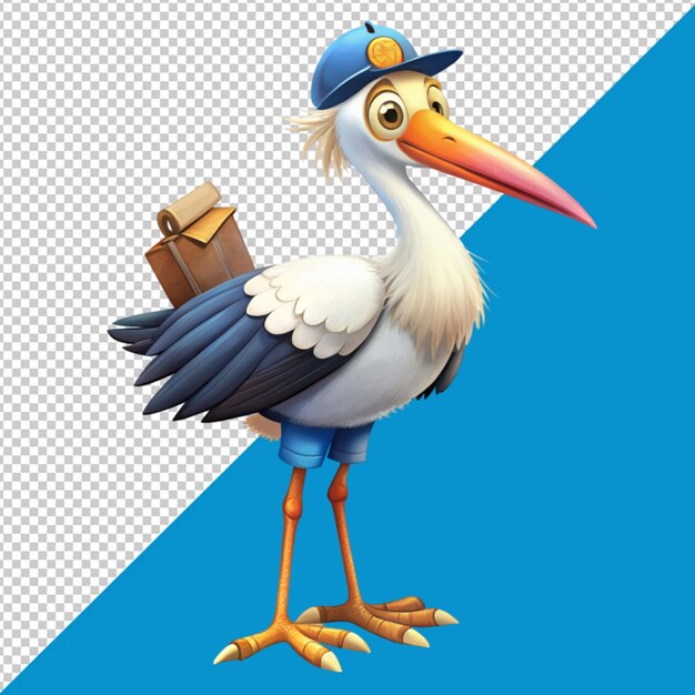 PSD cartoon stork postman on transparent background