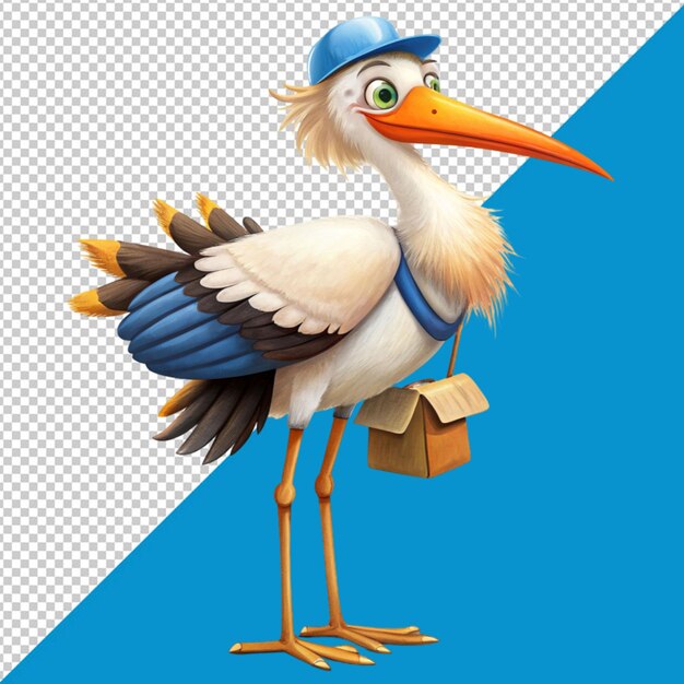 Cartoon stork postman on transparent background