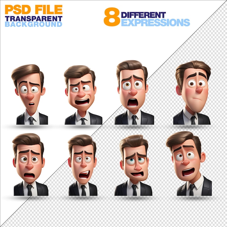 PSD cartoon style business man characters multiple poses on transparent background