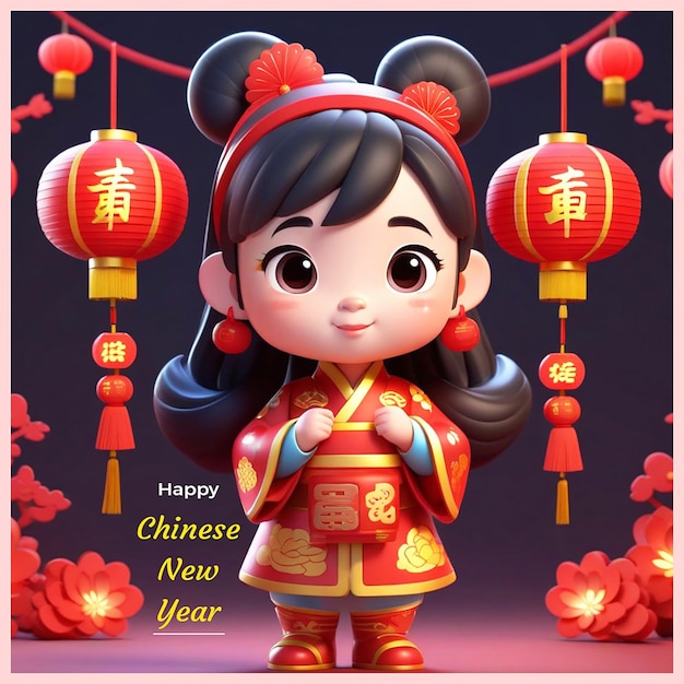 PSD 中国の新年ランタンを持った漫画スタイルの中国人女の子