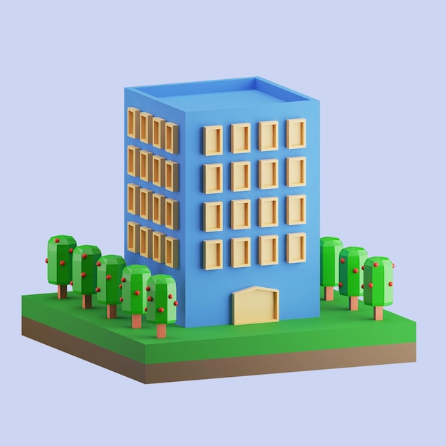 PSD cartoon style miniature building trees around 3d render high regulation png