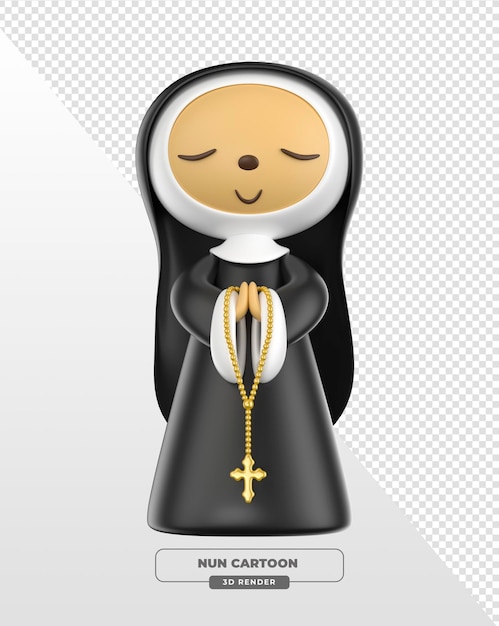 cartoon style praying nun with black habit and golden rosary in 3d render