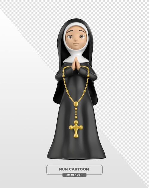 cartoon style praying nun with black habit and golden rosary in 3d render