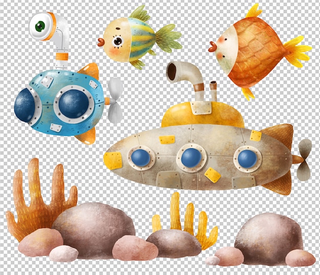 PSD cartoon submarine and fish set