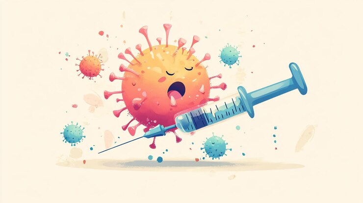 PSD cartoon virus met injectie vaccinatie concept