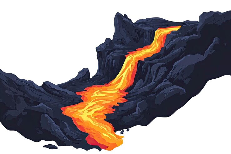 PSD cartoon volcano transparent background narrow lava stream cascading through rocky path
