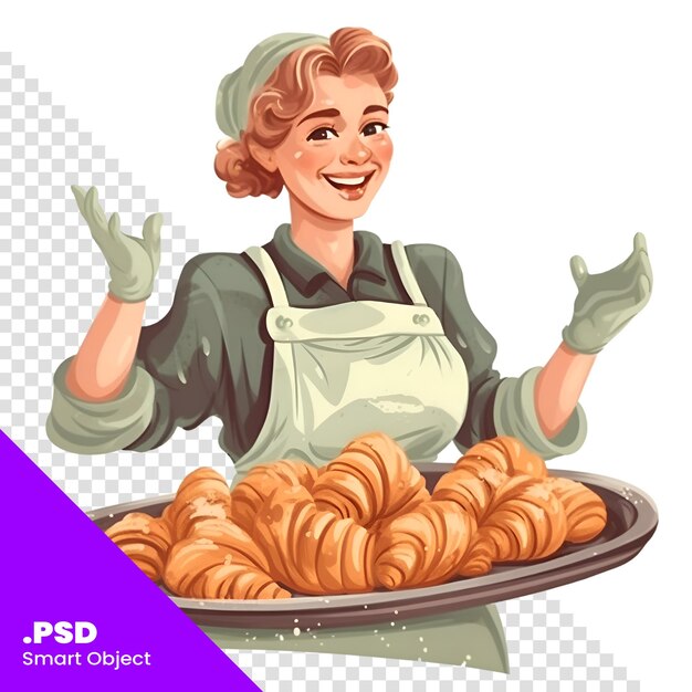 PSD cartoon vrouwelijke bakker met dienblad met croissants vector illustratie psd sjabloon