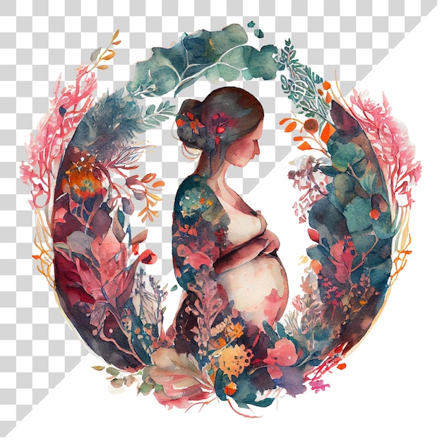 PSD cartoon waterverf zwangere vrouw met kleurrijke verf spatten op een transparante achtergrond