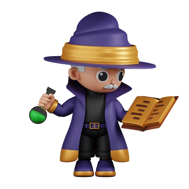 PSD cartoon wizard reading a spellbook while holding potion 3d pose