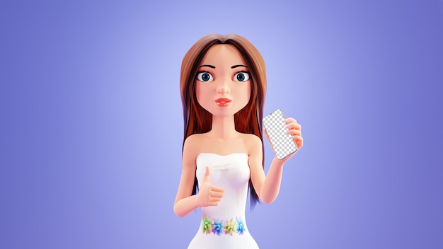 Cartoon woman holds a phone and shows a empty screen, 3d rendering. Woman showing a thumbs up