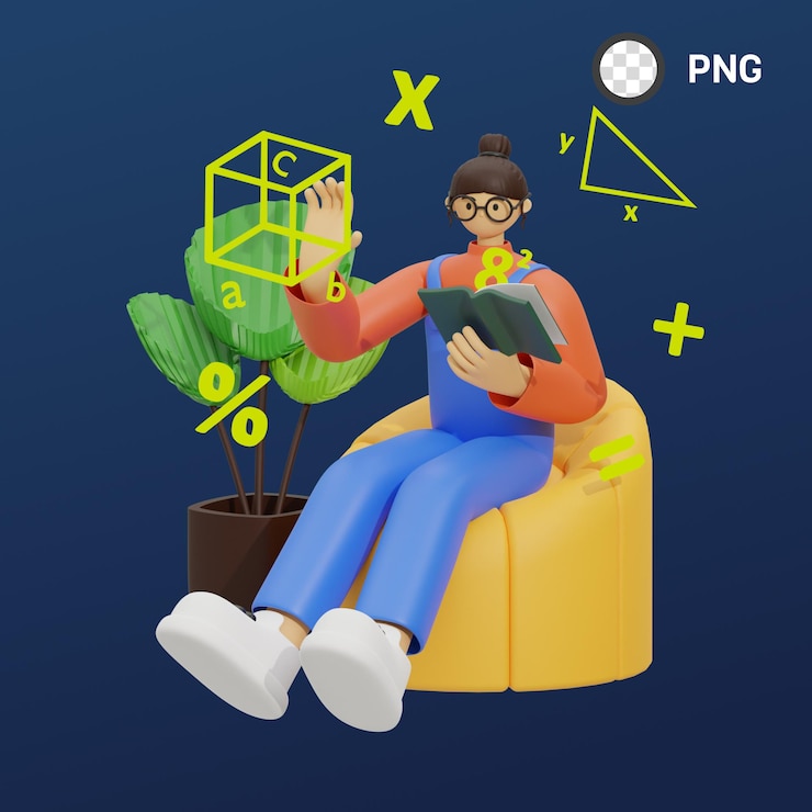 PSD a cartoon of a woman sitting on a chair with a book in her hand.