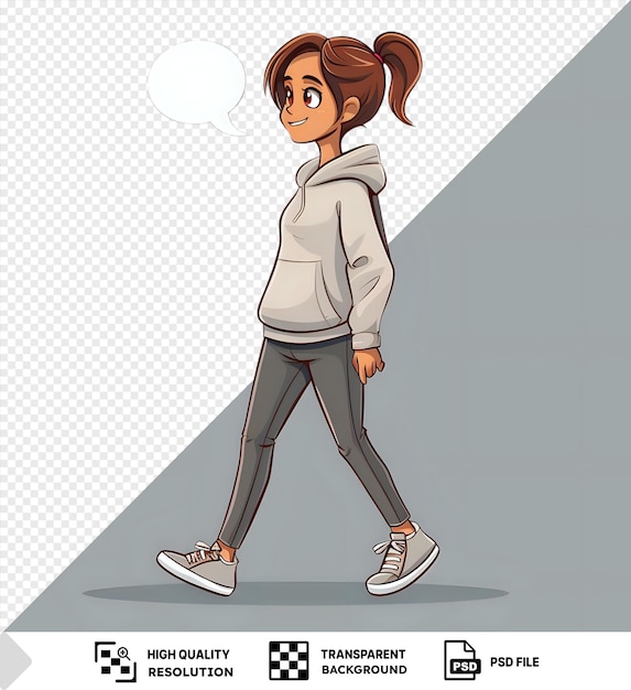 PSD cartoon woman walking with speech bubble on her head